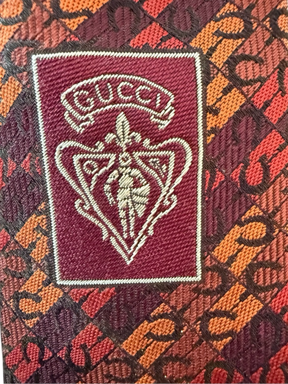 Gucci Silk Tie Red Orange equestrian Pattern Made in Italy Designer Luxury